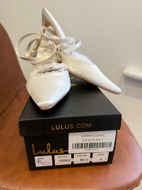 Lulu's White Pointed Ankle-Strap Satin Bridal Heels